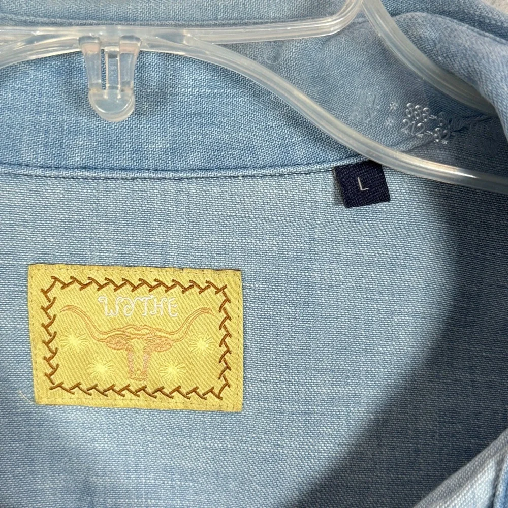 Wythe Western Washed Indigo Denim Long Sleeve Pearl Snap Large Mens L